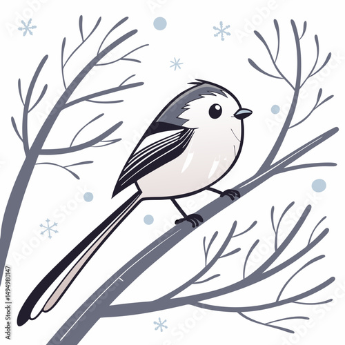Cute cartoon Long-tailed Tit perched on a frosty twig, perfect winter bird vector for prints, stickers, and décor.