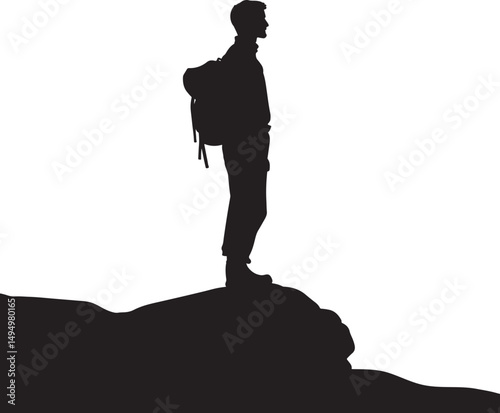 Silhouette of Hiker Standing on Cliff. Adventure and Nature Concept Vector.