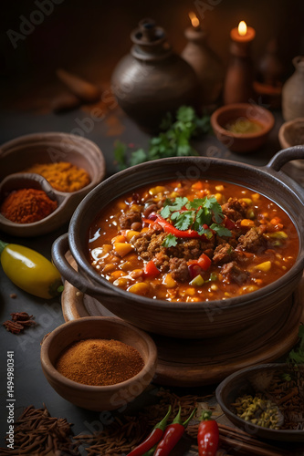 Yemeni Saltah – traditional Arabic stew with meat, vegetables, and sahawiq sauce, served hot in a clay bowl. Authentic Middle Eastern comfort food scene.
