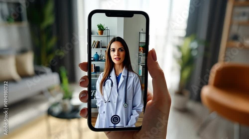 Telemedicine. Caucasian female doctor consulting his patient online per video call. Patient talking with general practitioner using smartphone at home, healthcare. Helping people, online appointment photo
