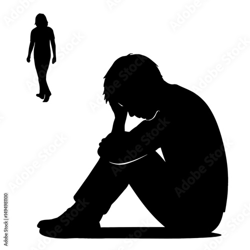 Silhouette of sad man sitting alone after breakup with woman leaving in depression and sorrow concept