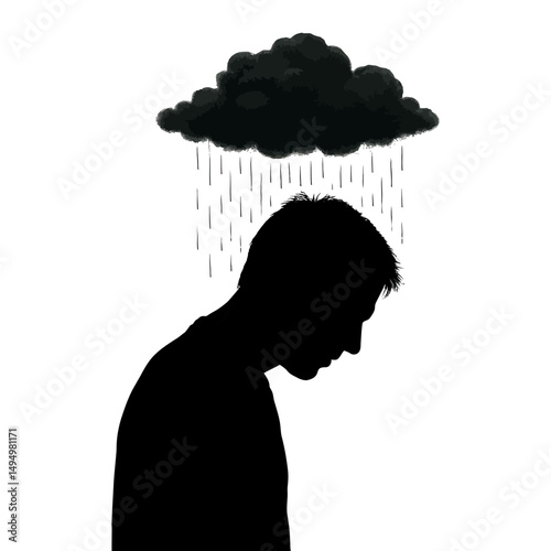 Understanding depression sad man silhouette with rain cloud mental health awareness illustration art concept