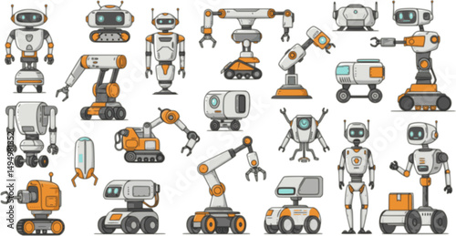 Robots collection. Different type of autonomous robots. Modern linear style illustration.
