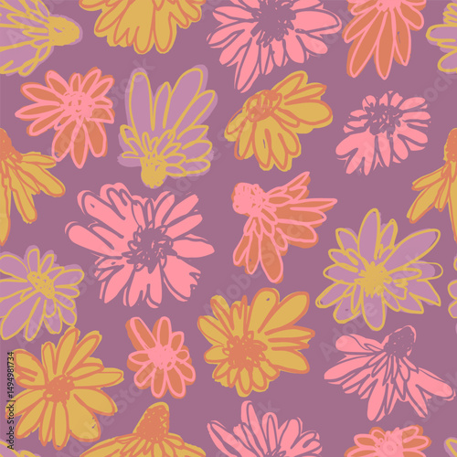 Seamless pattern with hand drawn colorful ditsy scribble flowers on dark blue background. Vintage inky bold florals repeat texture. Modern minimalist daisy blooms wallpaper.