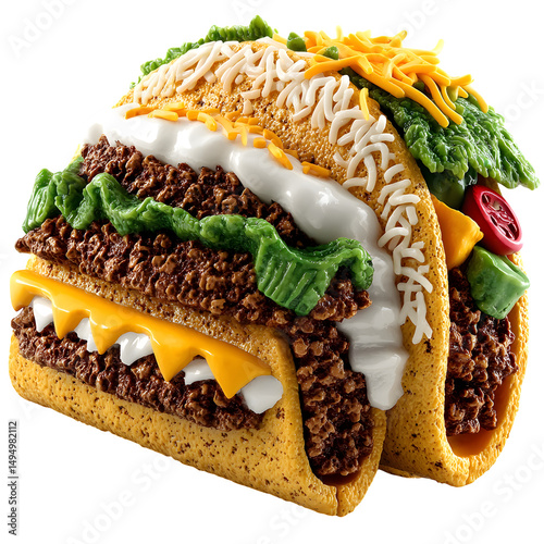 A close up of two stacked tacos with meat cheese lettuce and sour cream on a white surface