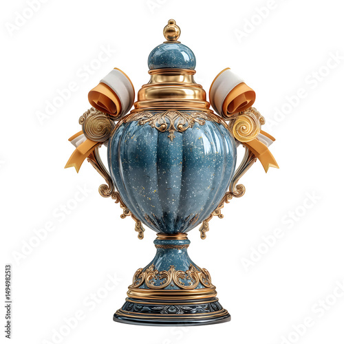 Ornate blue and gold trophy with ribbons and intricate details on a white background