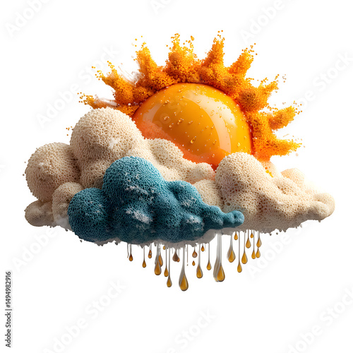 A stylized sun and clouds with rain droplets against a white background art concept