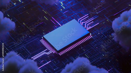 Futuristic AI chip in a cloud network symbolizing decentralized computing