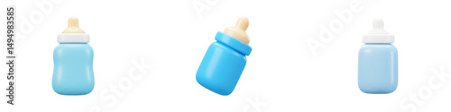 3D Baby Bottle Icons in Blue for Infant Feeding Parenting and Childcare Product Concepts