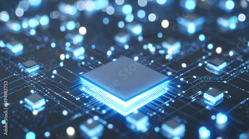 Futuristic AI chip in a cloud network symbolizing decentralized computing