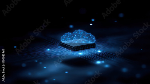 Futuristic AI chip in a cloud network symbolizing decentralized computing