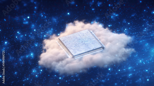 Futuristic AI chip in a cloud network symbolizing decentralized computing