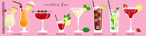 set of popular cocktails in glasses of different shapes, each cocktail is signed. flat drawing with transparent elements and texture. stock vector illustration. EPS 10.