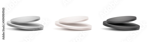 3d realistic vector icon illustration. Set of modern presentation and showcase podiums in white, gray and black color. Isolated on white.