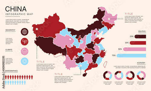 China Infographic Map with separated administrative districts, editable separated layers, zones and data visualization elements. Infographic Map for presentation. Vector illustration