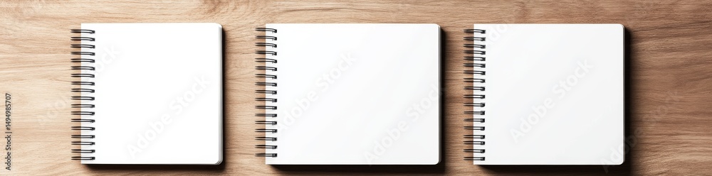 The notebook mockup, in A4 format with spiral binding, is displayed on a white marble background with realistic 3D rendering from multiple angles The notebook mockup, in A4 format with spiral binding, is displayed on a white marble background with realistic 3D rendering from multiple angles