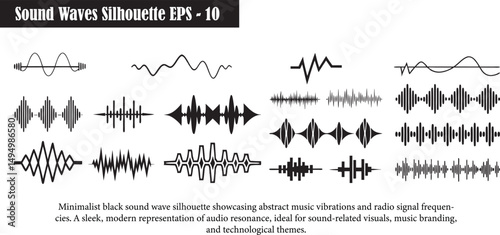 Sound Wave Vector Set Minimalist Black Audio Waves Abstract Music Frequency Signal Silhouette Radio Pulse Vibration Line Design
