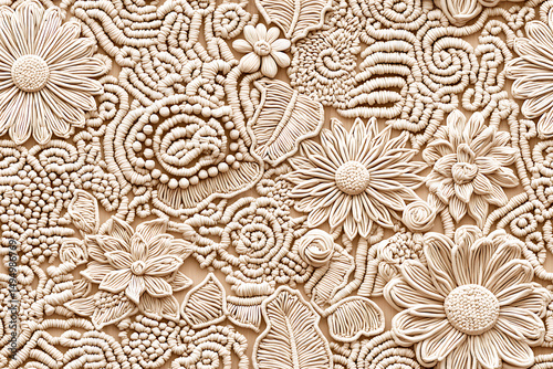 Handcrafted macrame wall hanging with intricate floral and leaf patterns in natural beige tones, creating warm and cozy decor