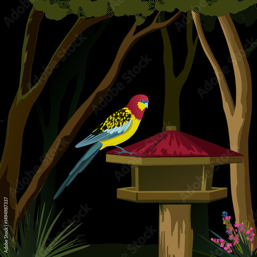 Eastern Rosella perched on rustic feeder in charming Australian garden, vibrant nature illustration.