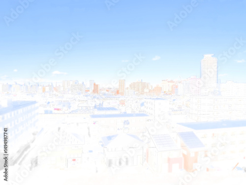 高台から見た聖蹟桜ヶ丘駅前の街並み。イラスト風の写真。