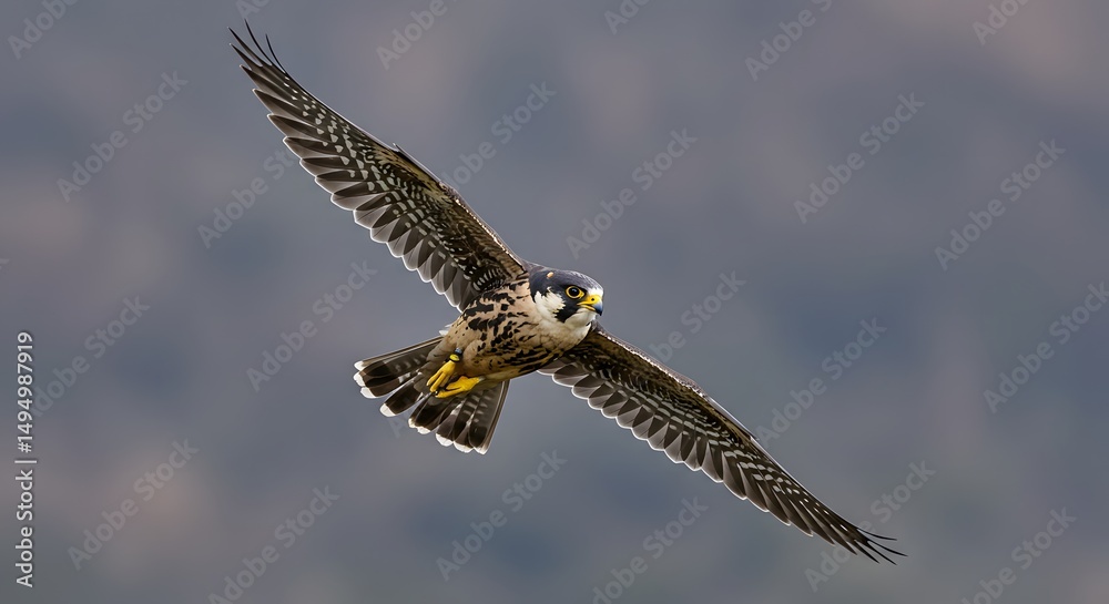 Obraz premium Peregrine Falcon In Flight Over A Blurred Natural Landscape With Mountains In The Background