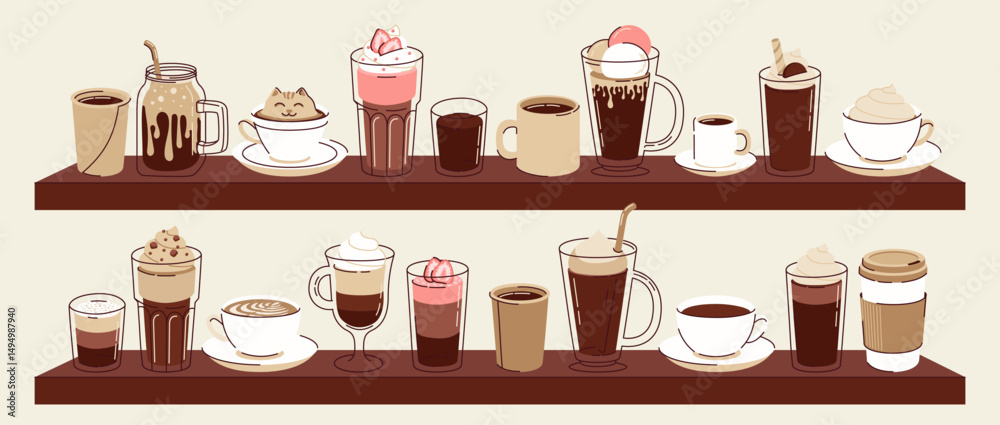 Obraz premium Big set of different types of hot and cold coffee beverage. Espresso, americano cup, cappuccino and latte, iced macchiato in glass. Flat vector illustrations isolated on white background