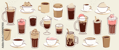 Big set of different types of hot and cold coffee beverage. Espresso, americano cup, cappuccino and latte, iced macchiato in glass. Flat vector illustrations isolated on white background