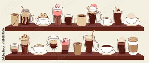 Big set of different types of hot and cold coffee beverage. Espresso, americano cup, cappuccino and latte, iced macchiato in glass. Flat vector illustrations isolated on white background