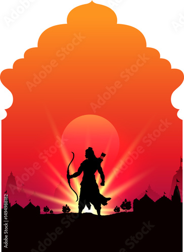 Lord Rama holding Bow and Arrow in Happy Dussehra festival of India background