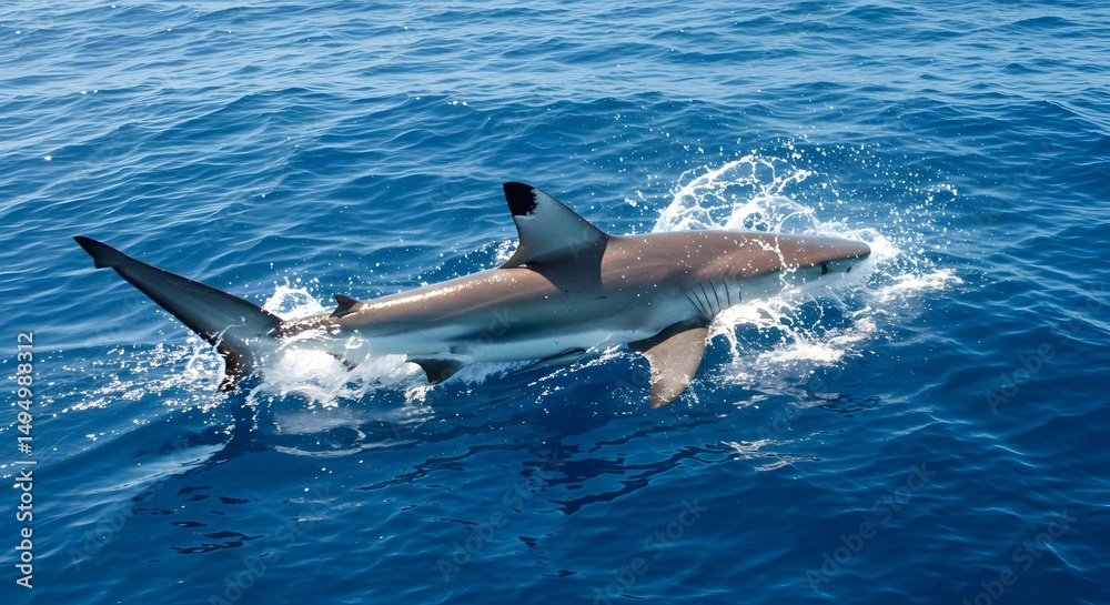 Fototapeta premium Active Shark Swimming in the Deep Blue Ocean Waters with Splashing Waves Under Bright Sun