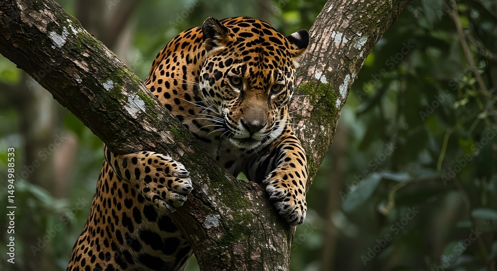 Naklejka premium Jaguar Resting On Tree Branch In A Lush Green Forest Environment