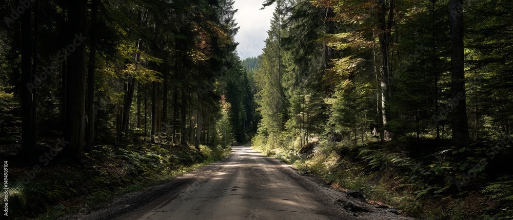 Obraz premium Scenic winding forest road through lush evergreen woodland bathed in golden sunlight and verdant moss-covered rocks