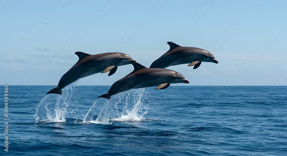 Fototapeta premium Dolphins leaping gracefully over calm ocean water in sunlight