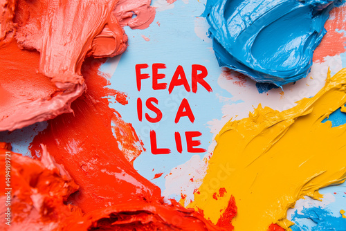 Vibrant paint splatters surround bold text reading Fear is a lie in an imaginative studio setup. The colorful background enhances the powerful message of courage
