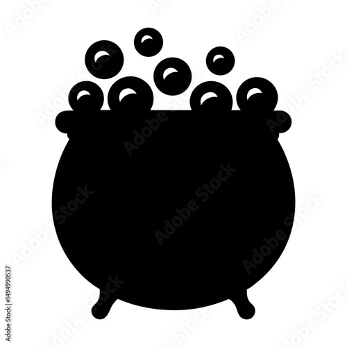 Black cauldron with bubbling potion, a classic symbol of Halloween and magic