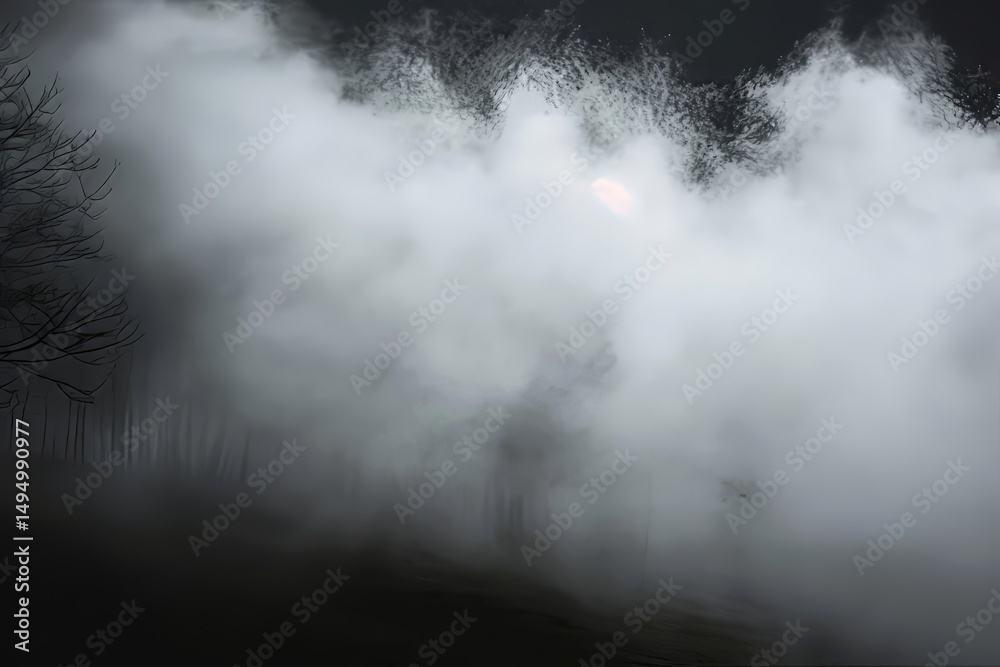 Obraz premium Monochromatic landscape view of trees fading into heavy fog, with a dim light source visible through the mist.