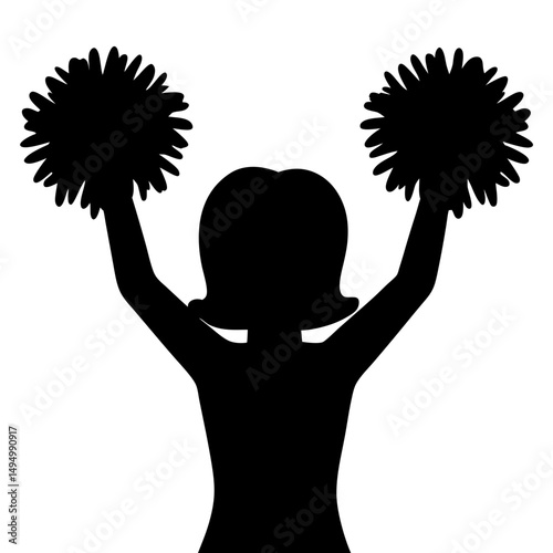 Silhouette of a cheerleader with pompoms raised in the air in black
