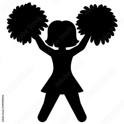 Silhouette of a cheerleader with pom poms raised in the air joyfully