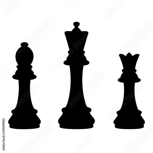 Silhouette of chess pieces showcasing bishop, king, and queen in a minimalist style