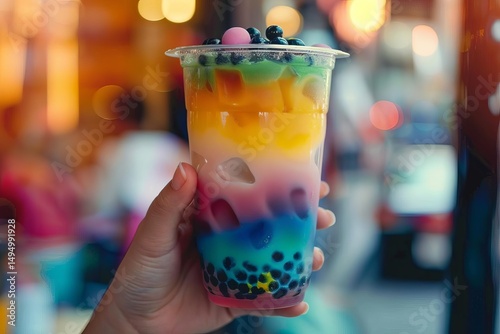 Hand holding layered boba tea in a plastic cup. Rainbow colors, ice, and boba with a blurred background.
