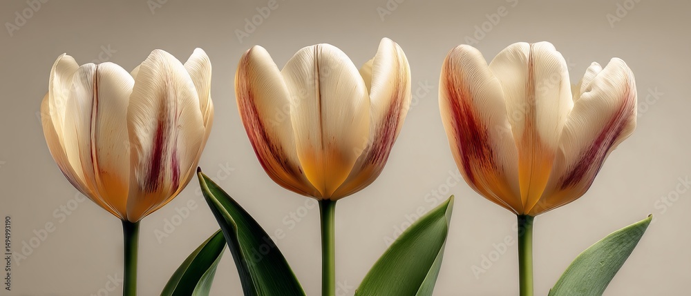 Fototapeta premium Delicate trio of pastel pink and cream tulip blooms gracefully arranged on a smooth beige background, capturing serene springtime floral elegance