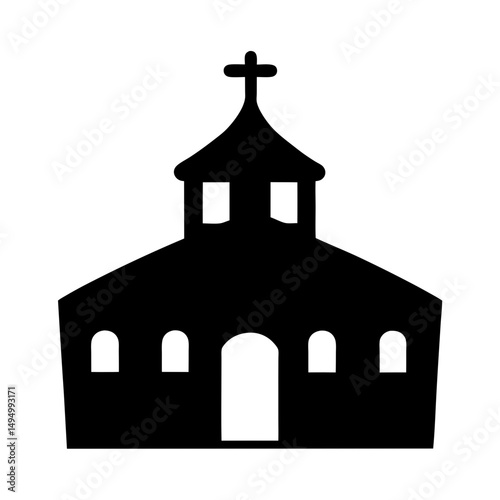 Simple black and white silhouette illustration of a church with a cross