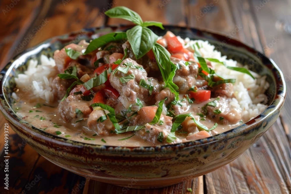 Close-up shot of stew over rice in patterned bowl, garnished with basil and diced tomatoes, resting on wood surface. Close-up shot of stew over rice in patterned bowl, garnished with basil and diced tomatoes, resting on wood surface.