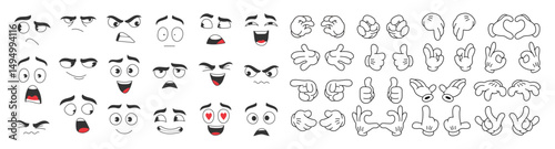 Set of 70s groovy comic faces vector. Collection of cartoon character faces, leg, hand in different emotions happy, angry, sad, cheerful. Cute retro groovy hippie illustration for decorative, sticker
