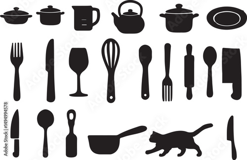 A collection of 20 black kitchen utensil silhouettes including spatulas, knives, pans, pots, whisks, and forks. Ideal for recipe books, food packaging, restaurant menus, and design projects.