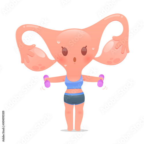 Uterus cartoon in sportswear exercises by lifting a dumbbell. Cute healthy strong. Vector flat character illustration design