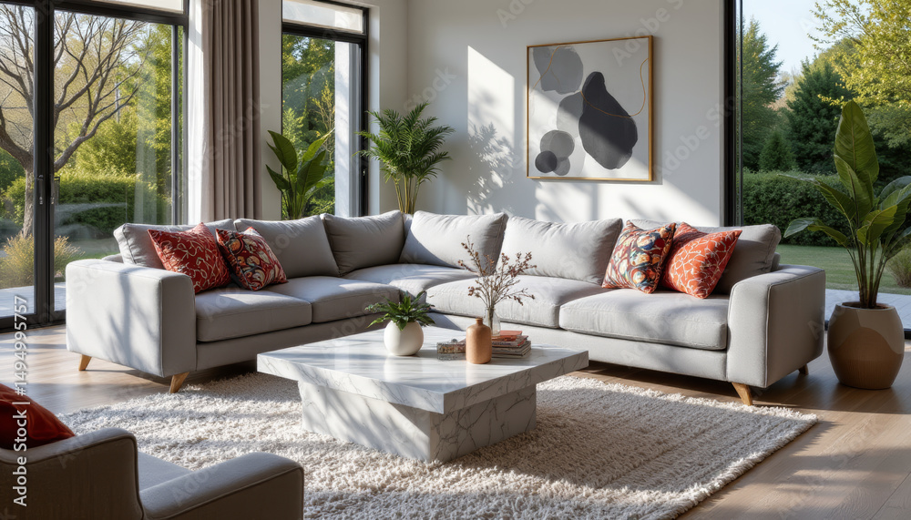 Obraz premium Modern living room with sleek sectional sofa, stylish decor, and natural light