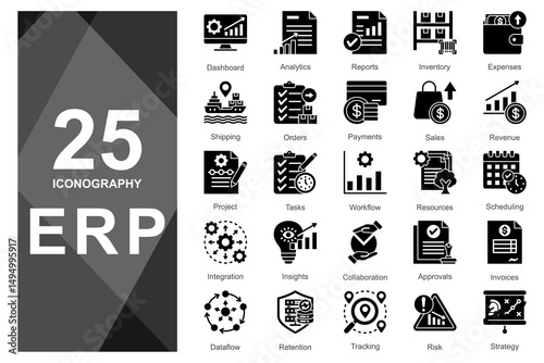 Compact glyph icons for ERP systems and dashboards.   