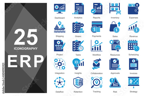 Blue duotone ERP glyph icons for business platforms.  