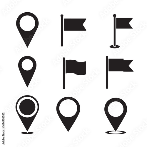 Set of location pins and flag icons in silhouette style for website design